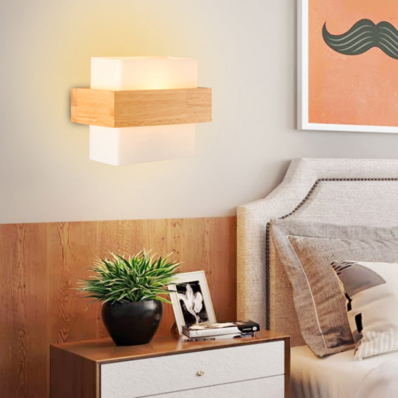 White Glass Rectangle Sconce Lighting Modern Single-Bulb Wall Light Fixture with Wooden Decor