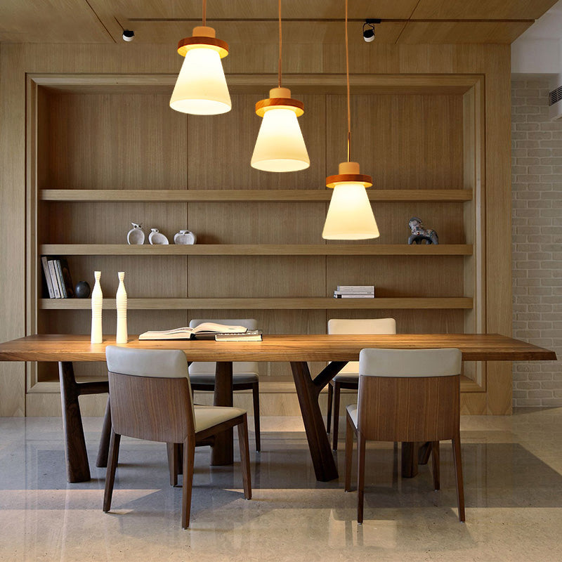 White Glass Conical Suspension Lighting Japanese 1 Bulb Pendant Ceiling Light for Dining Room