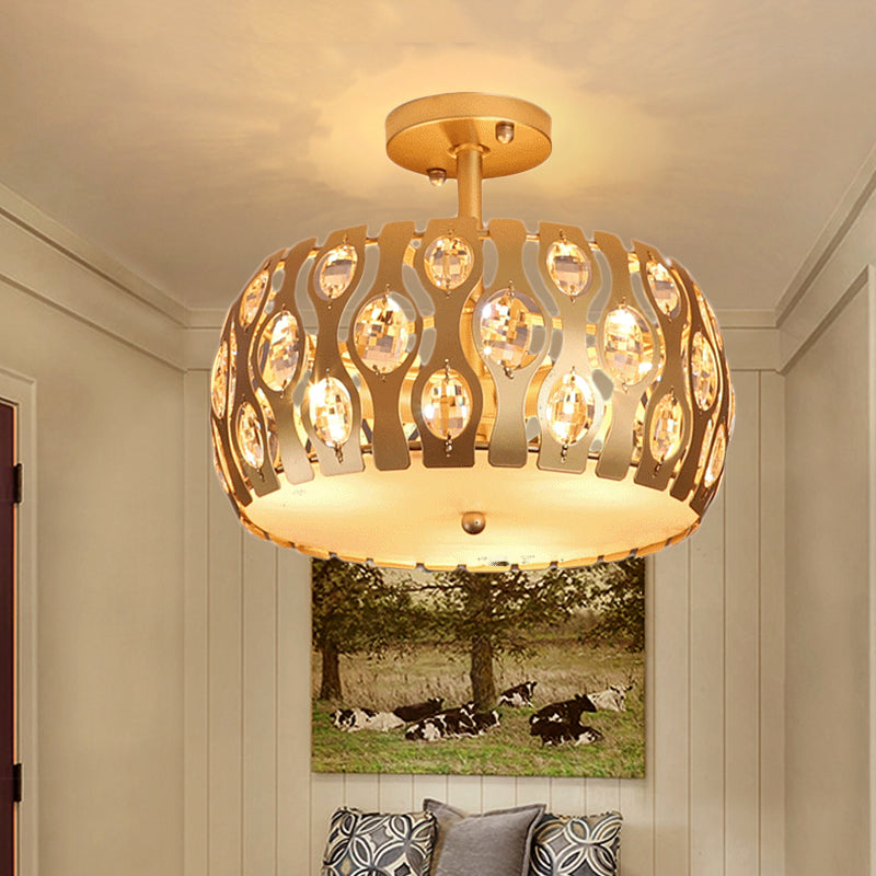 Drum Semi Flush Mount Light Modern Metal and Crystal 3 Lights Gold Ceiling Flush Mount Light