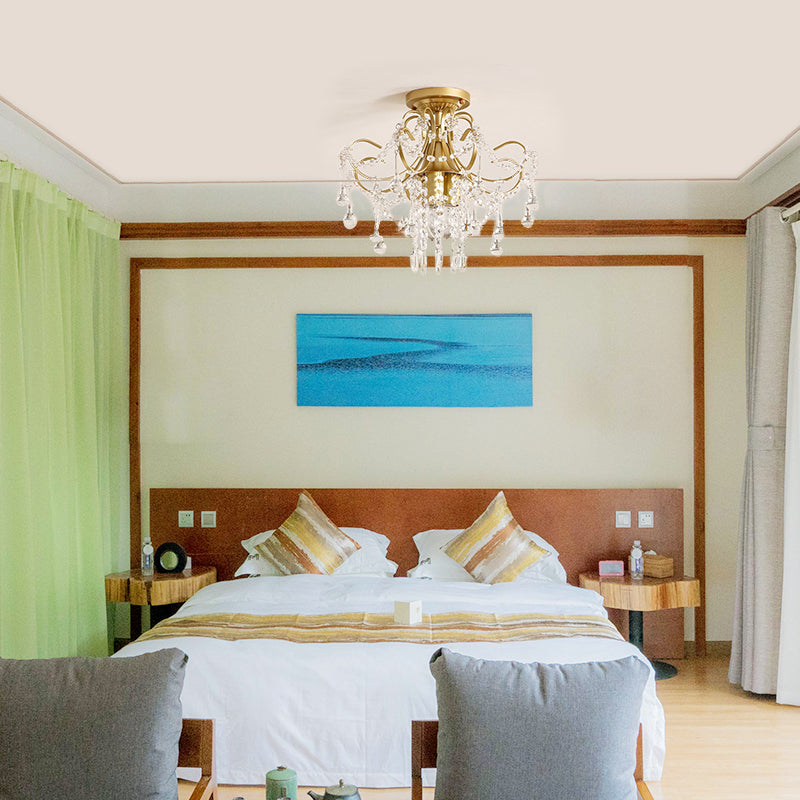 Curva braccio soffitto luce moderna metallo 1/3 luci in ottone semifulto leggero con accento a filo cristallino