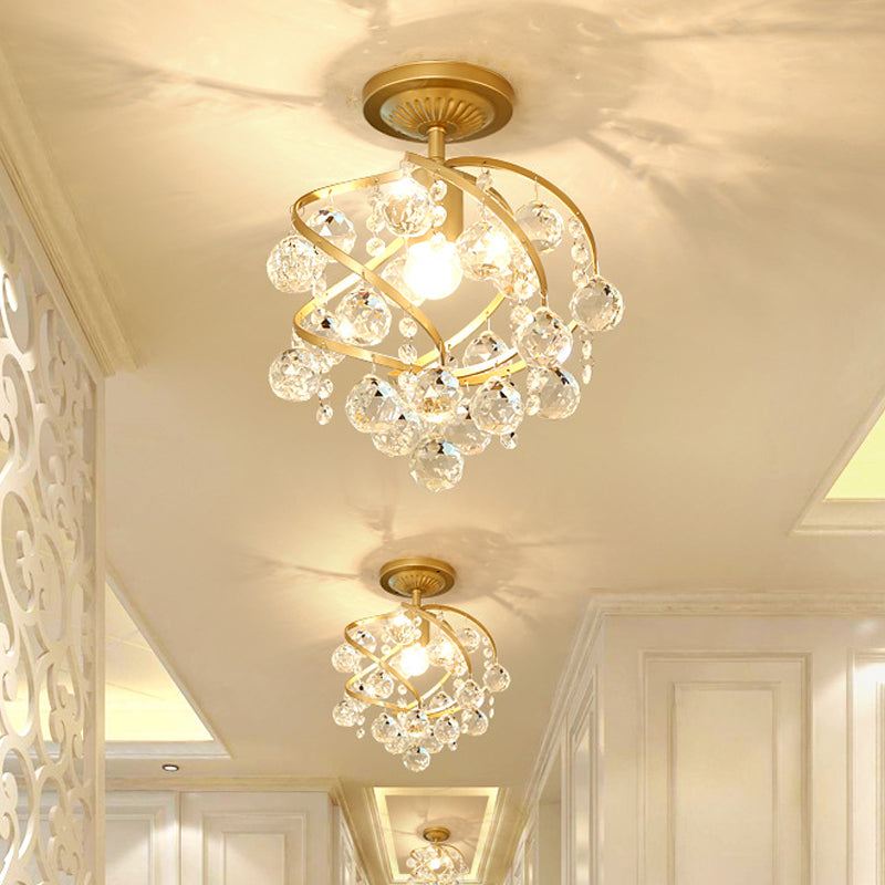 Faceted Crystal Ball Spiral Semi Flush Light Postmodern 1 Light Brass Ceiling Light Fixture