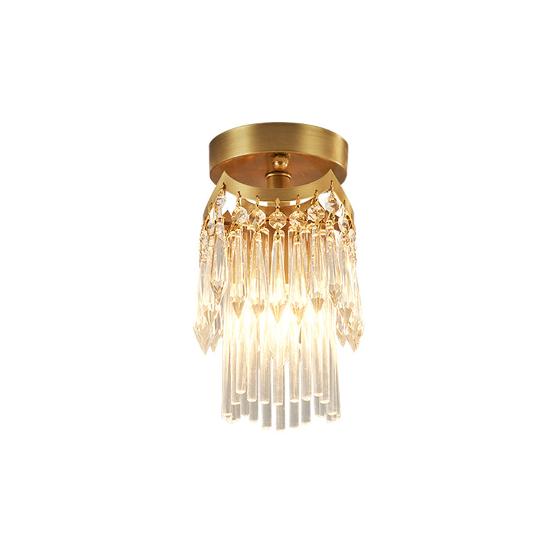 Brass Cylinder Ceiling Light Modern 1 Light Crystal Semi Flush Mount Light for Corridor