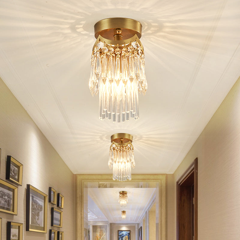 Brass Cylinder Ceiling Light Modern 1 Light Crystal Semi Flush Mount Light for Corridor