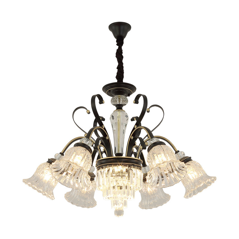 Traditional 6-Light Chandelier Clear Crystal Shaded Floral Ceiling Pendant Light in Black