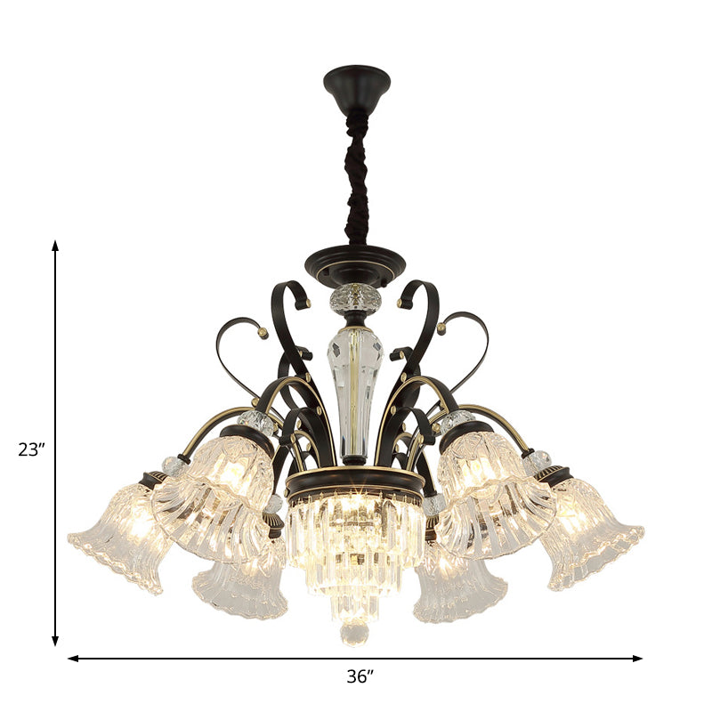 Traditional 6-Light Chandelier Clear Crystal Shaded Floral Ceiling Pendant Light in Black