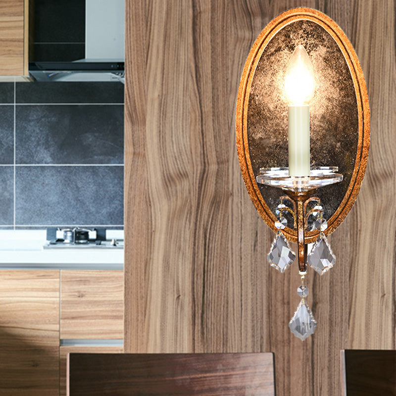 Open Bulb Wall Sconce French Country Clear Crystal 1 Head Antique Brass Wall Lighting with Oval Backplate