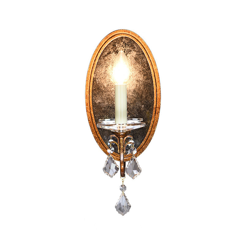 Open Bulb Wall Sconce French Country Clear Crystal 1 Head Antique Brass Wall Lighting with Oval Backplate