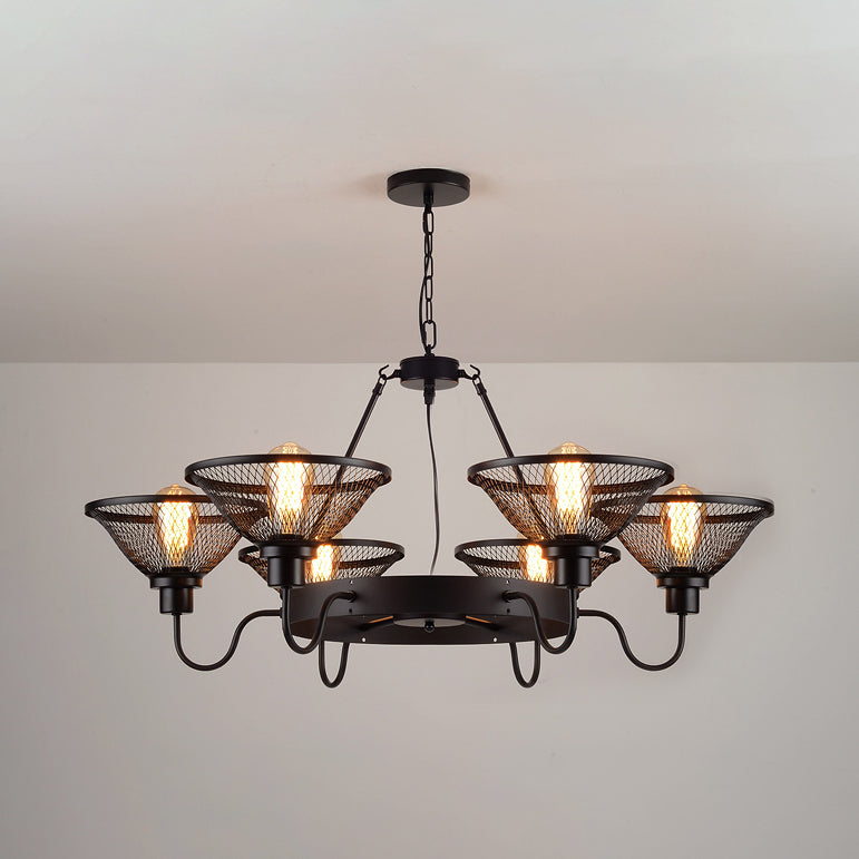 6/8-Light Flared Chandelier Lighting with Wire Mesh Shade Industrial Black Metal Down/Up Ceiling Light for Restaurant