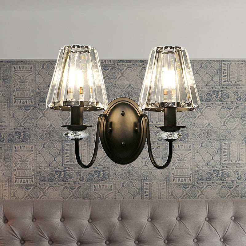 Lampada con pala prisma di cristallo chiaro modernista 2 luci nere finitura da parete con ombra cono e braccio a collo di allevamento