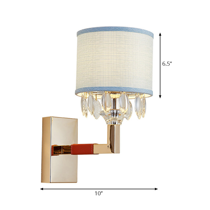 Drum Fabric Shade Wall Sconce Fixture Contemporary 1 Bulb Gold Finish Wall Light with Clear Crystal Deco