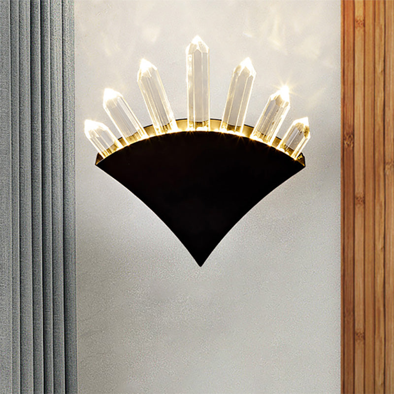 Black Fan Shaped Wall Light Fixture Contemporary Style 1/2-Light Metal Wall Sconce with Clear Crystal Prism