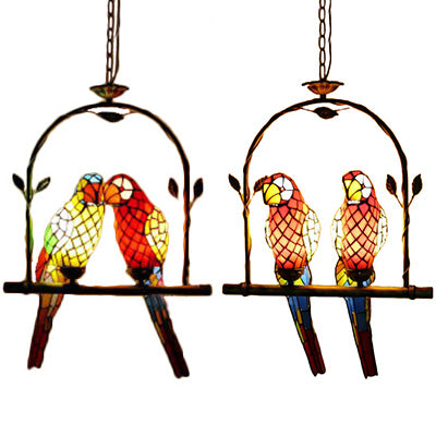 Papagei Edelstahlglas Anhänger Lampe Tiffany stilvolle 2 Lichter rot/rot und gelb hängende Deckenleuchte mit Barschschwung