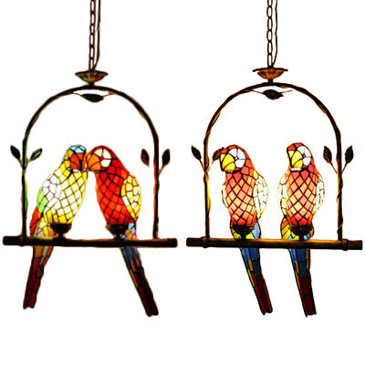 Parrot Stainless Glass Pendant Lamp Tiffany Stylish 2 Lights Red/Red and Yellow Hanging Ceiling Light with Perch Swing