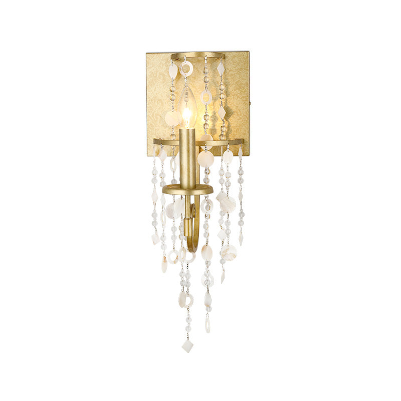 Exposed Wall Sconce Fixture Vintage Style Metal 1 Bulb Brass Wall Light with Crystal Beaded Strand and Shell Deco