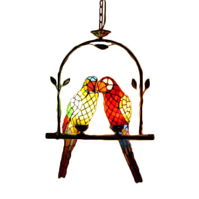 Parrot Stainless Glass Pendant Lamp Tiffany Stylish 2 Lights Red/Red and Yellow Hanging Ceiling Light with Perch Swing