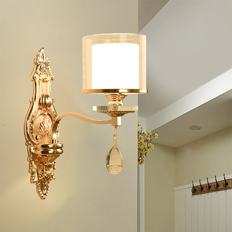 Gold Finish Cylinder Sconce Light Vintage 1/2-Bulb Metal Wall Light Fixture with Double Glass Shade and Crystal Deco