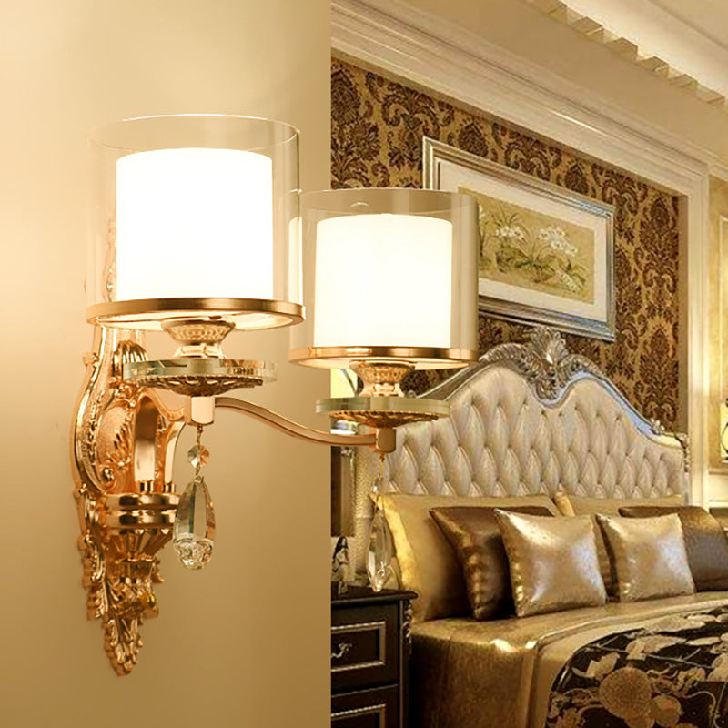 Finitura dorata Cilindro SCONCE LIGHT Vintage 1/2-Bulb Lampada da parete in metallo con doppia tonalità di vetro e cristallo deco