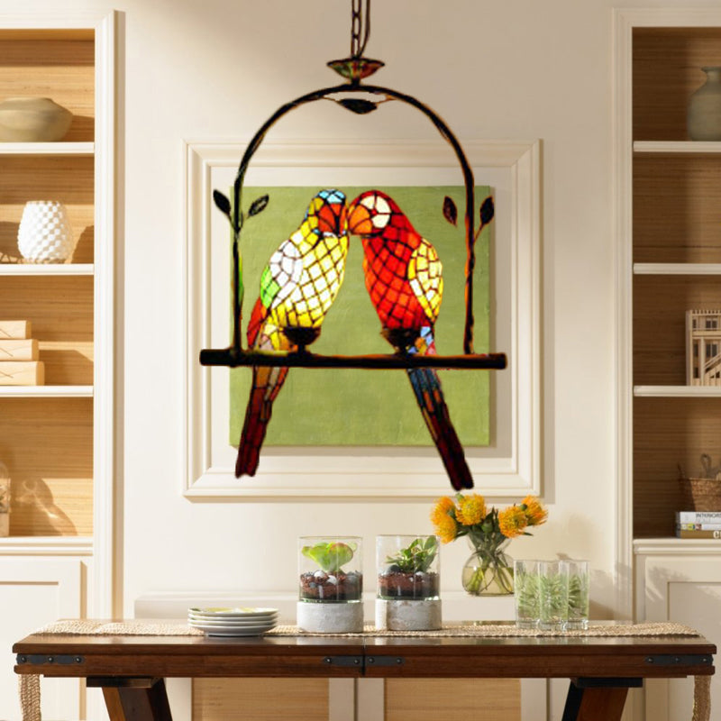 Papagei Edelstahlglas Anhänger Lampe Tiffany stilvolle 2 Lichter rot/rot und gelb hängende Deckenleuchte mit Barschschwung