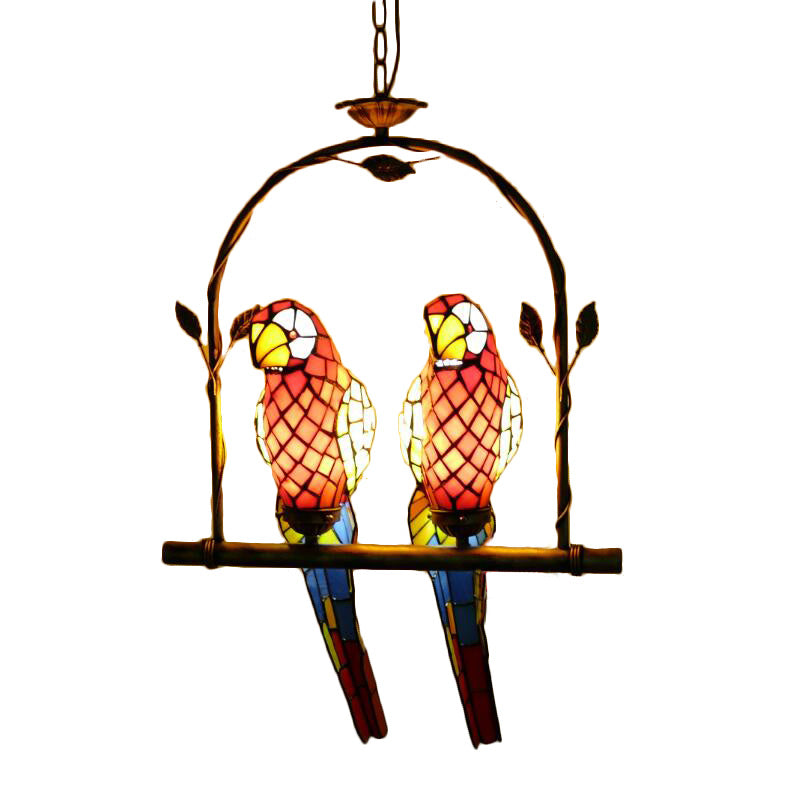 Parrot Stainless Glass Pendant Lamp Tiffany Stylish 2 Lights Red/Red and Yellow Hanging Ceiling Light with Perch Swing