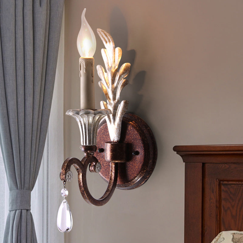 Candle Sconce Light Fixture Vintage Style Metal 1 Bulb Rust Wall Mount Light with Clear Crystal Teardrop Deco