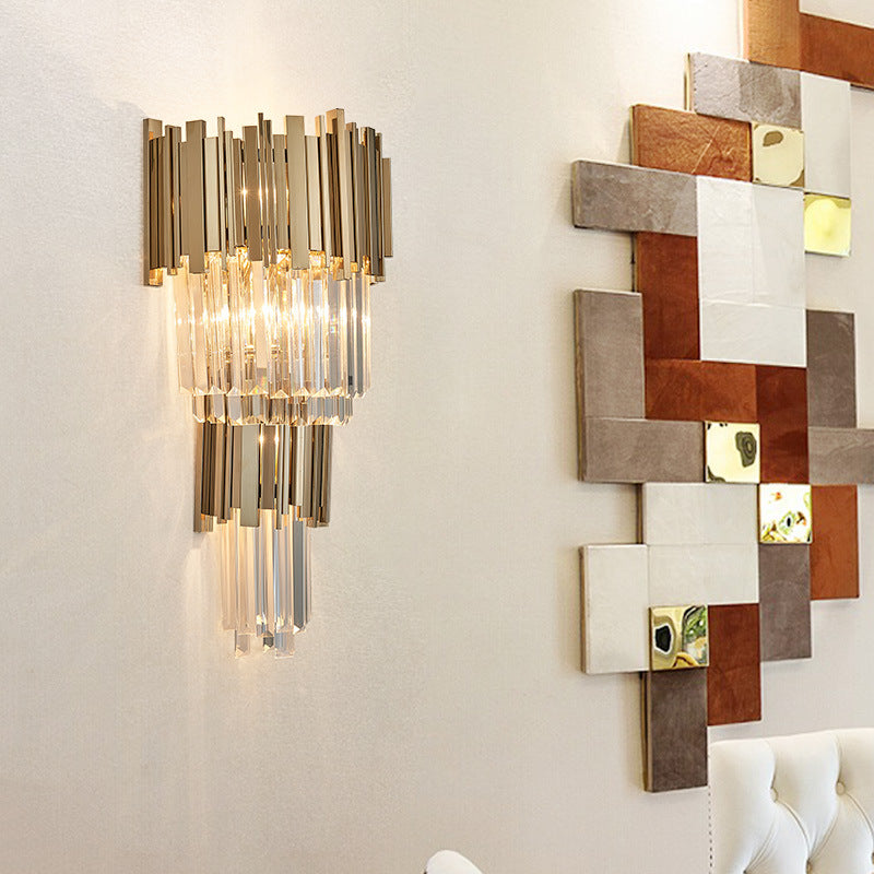 8"/12" W Tiered Sconce Light Modern Style Clear Crystal and Metal 2 Bulbs Golden Wall Mounted Lamp