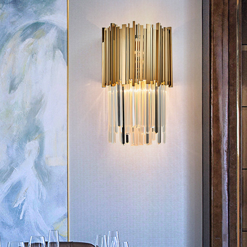 8"/12" W Tiered Sconce Light Modern Style Clear Crystal and Metal 2 Bulbs Golden Wall Mounted Lamp