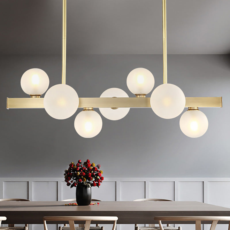 Spherical Frosted Glass Hanging Pendant Light Traditional 7/12 Lights Dining Room Island Lighting Fixture in Gold