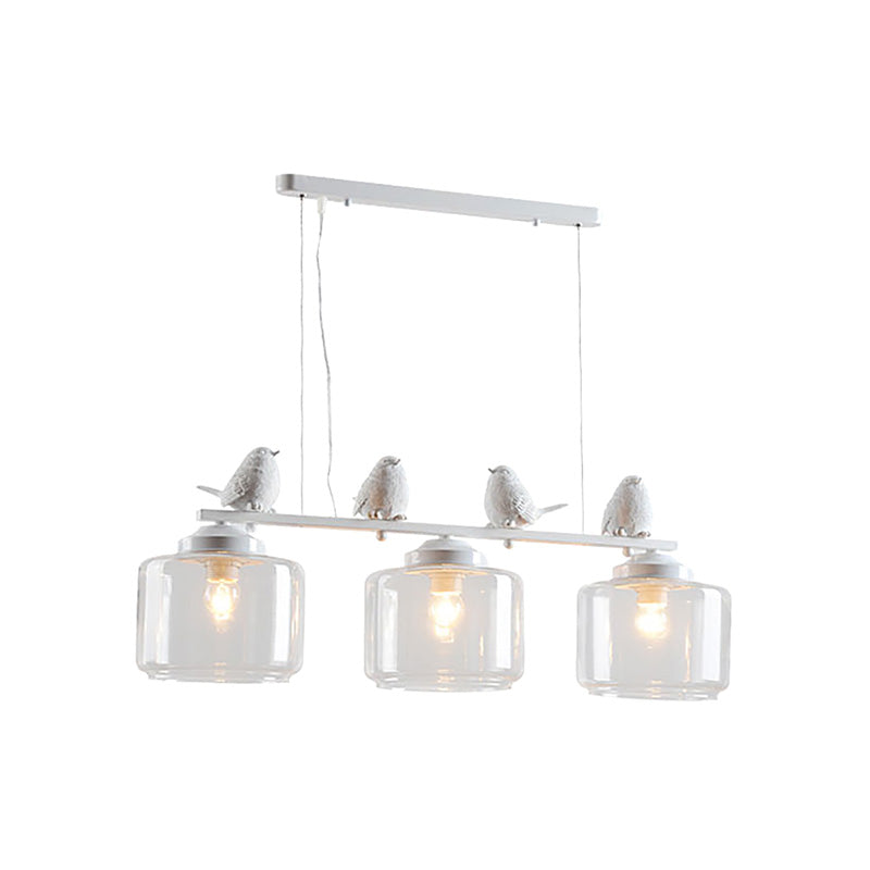 Clear Glass White Island Pendant Barrel 3 Lights Traditional Hanging Light Kit for Dining Room with Birds