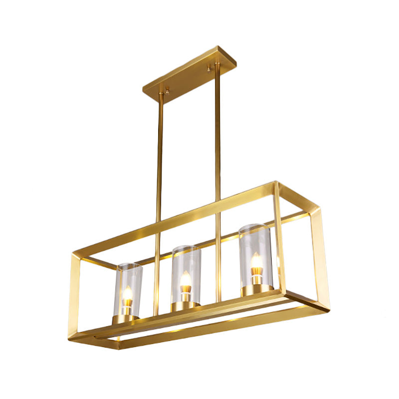Classic Rectangle Hanging Pendant Light 3/4/5 Lights Clear Glass Island Lighting in Gold for Dining Room