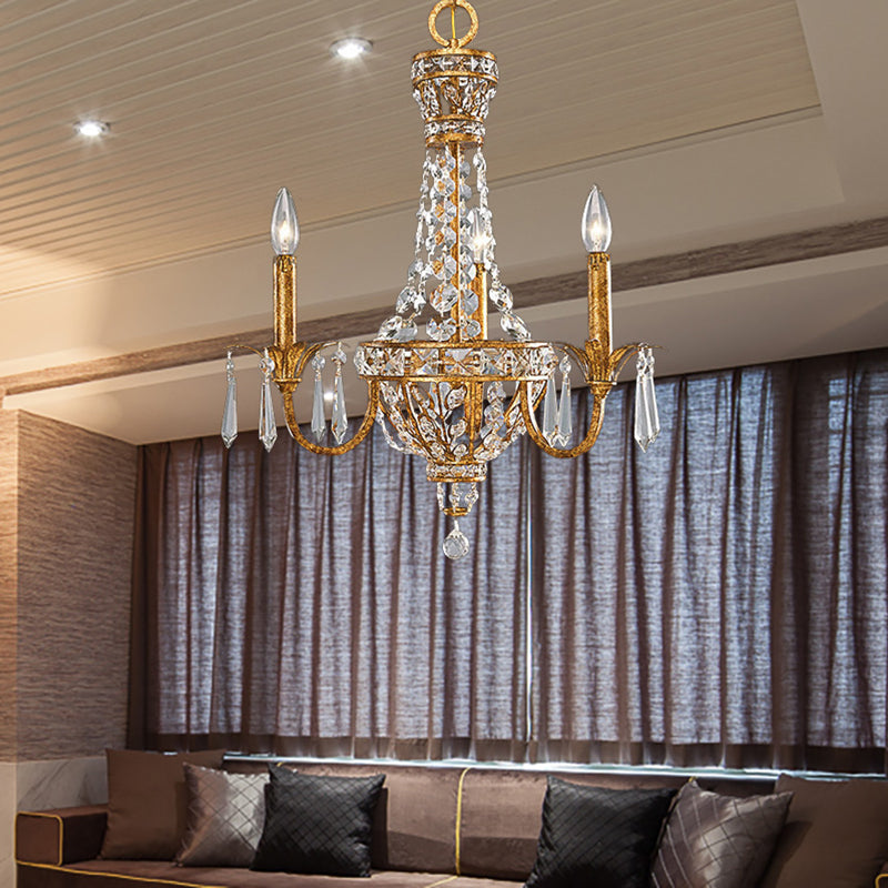 Retro -Pyramide hängende Kronleuchterkristall 3 Köpfe Suspension Licht in Gold für Wohnzimmer