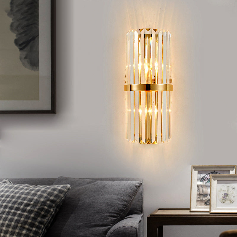 Clear Faceted Crystal Wall Lamp Vintage Stylish 2 Lights Brass/Gold Sconce Lighting with Cylinder Shape for Living Room