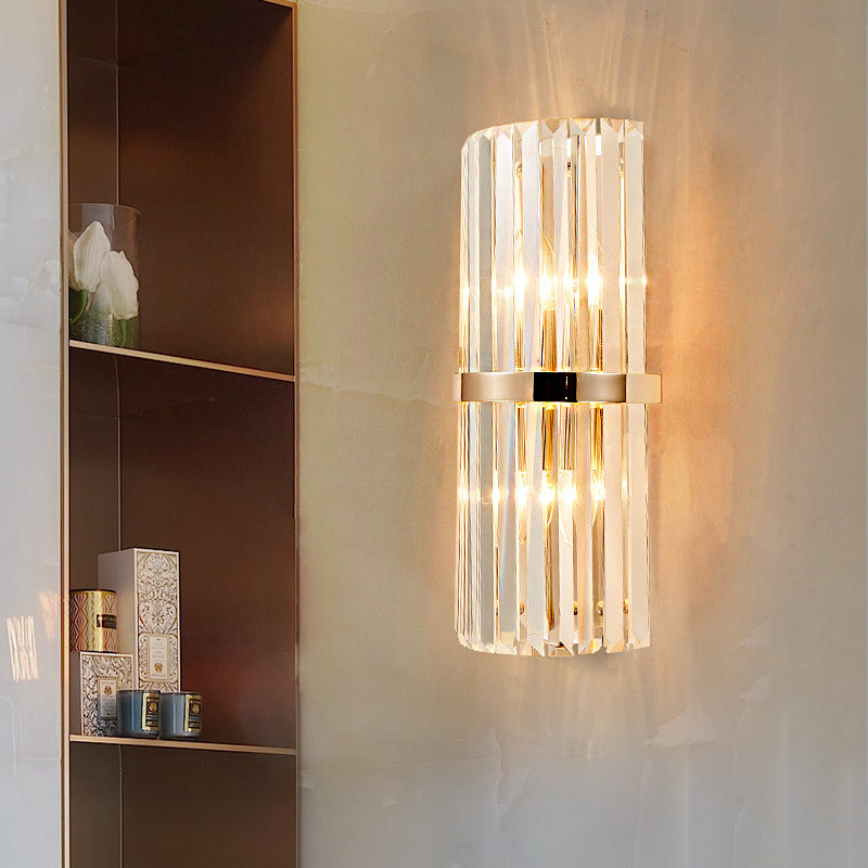Clear Faceted Crystal Wall Lamp Vintage Stylish 2 Lights Brass/Gold Sconce Lighting with Cylinder Shape for Living Room
