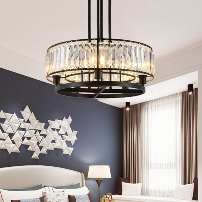 5/8 Bulbs Bedroom Chandelier Modernism Black Hanging Pendant Light with Circular Crystal Shade