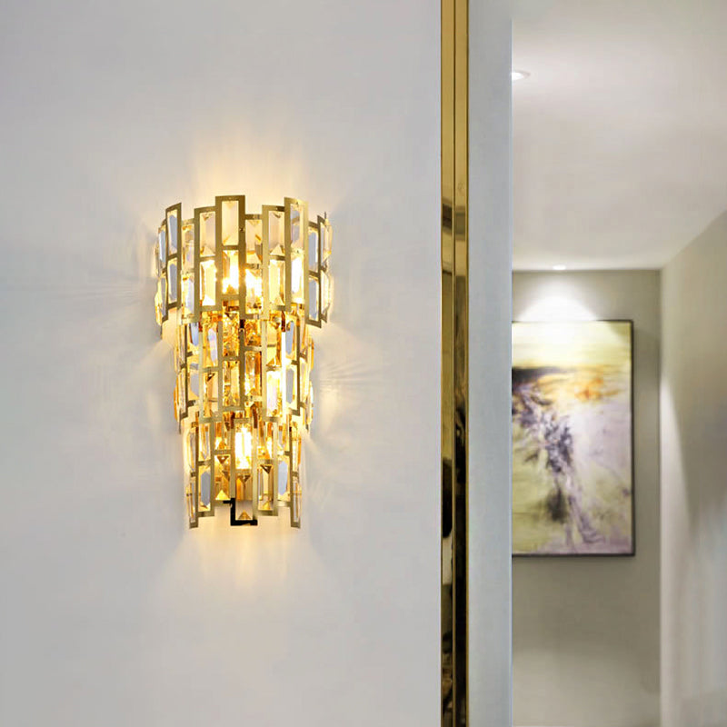 Vintage Style Tiered Wall Light Sconce Clear Crystal 3/5 Lights Living Room Wall Lamp in Gold Finish