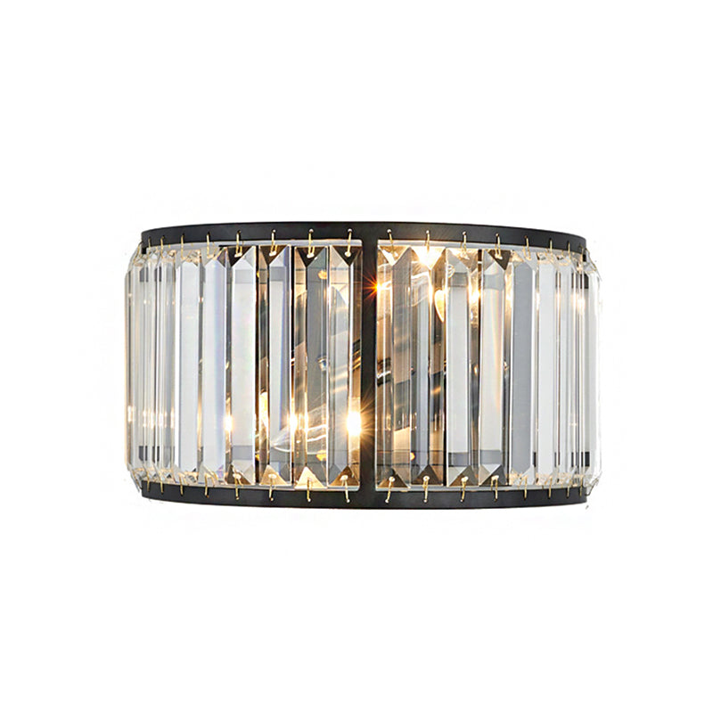 Metal Drum Wall Mount Lighting Modern Style 2 Bulbs Black/Gold Wall Sconce Lamp with Clear Crystal Block