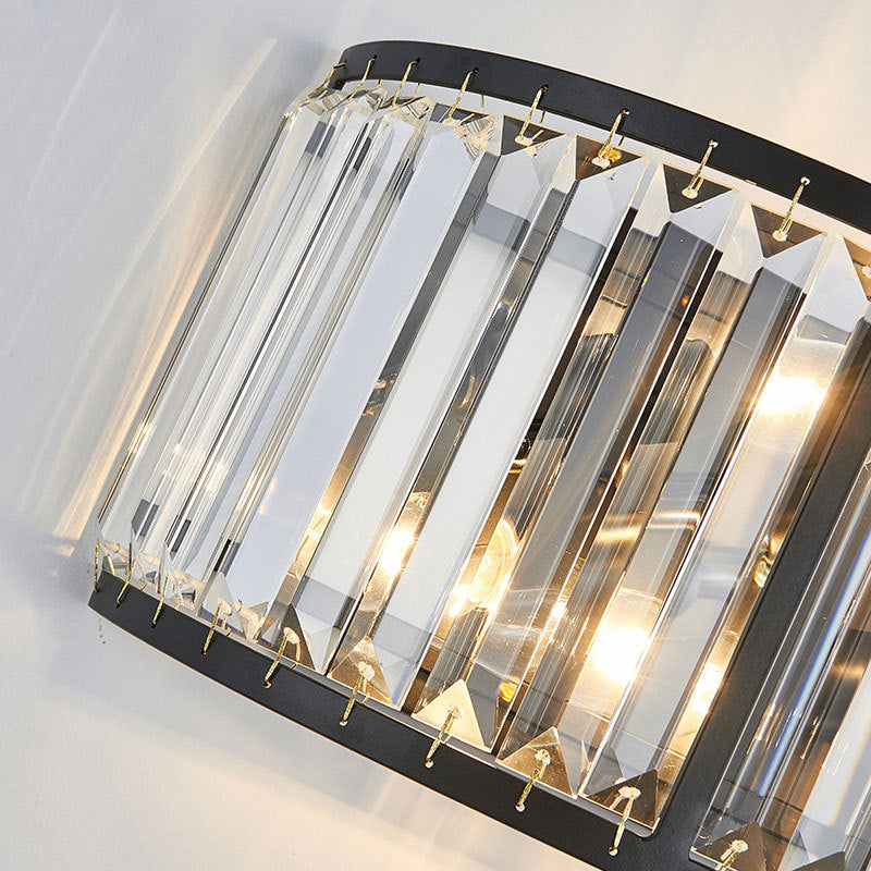 Metal Drum Wall Mount Lighting Modern Style 2 Bulbs Black/Gold Wall Sconce Lamp with Clear Crystal Block