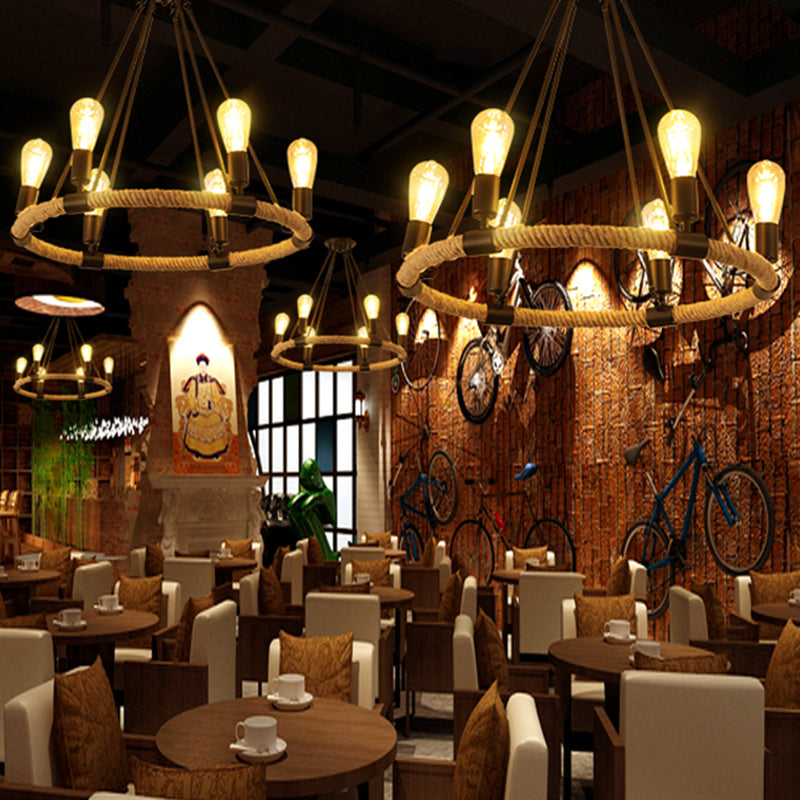 Wrapped Ring Hemp Rope Chandelier Pendant Light Vintage Restaurant Hanging Light in Flaxen