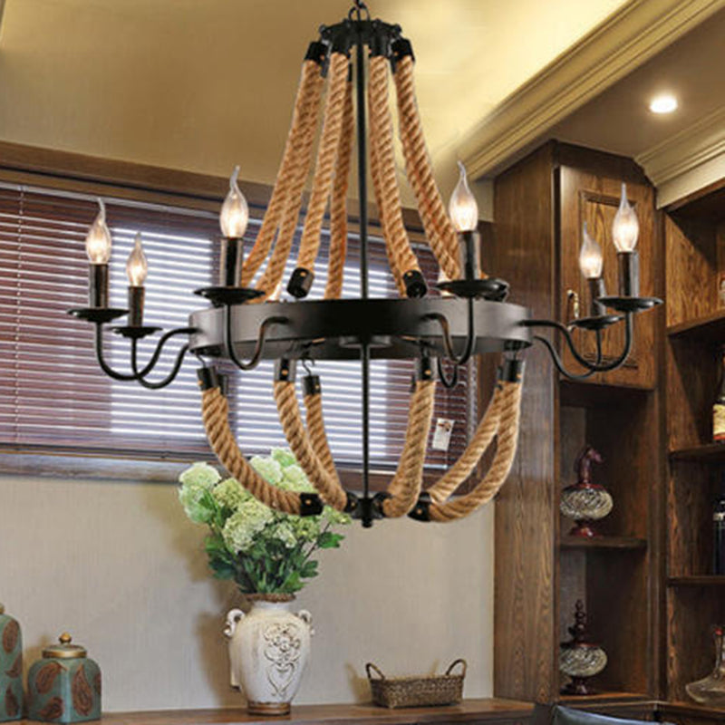 Flaxen Candlestick Chandelier Lighting Rustic Iron Living Room Pendant Light with Hemp Rope