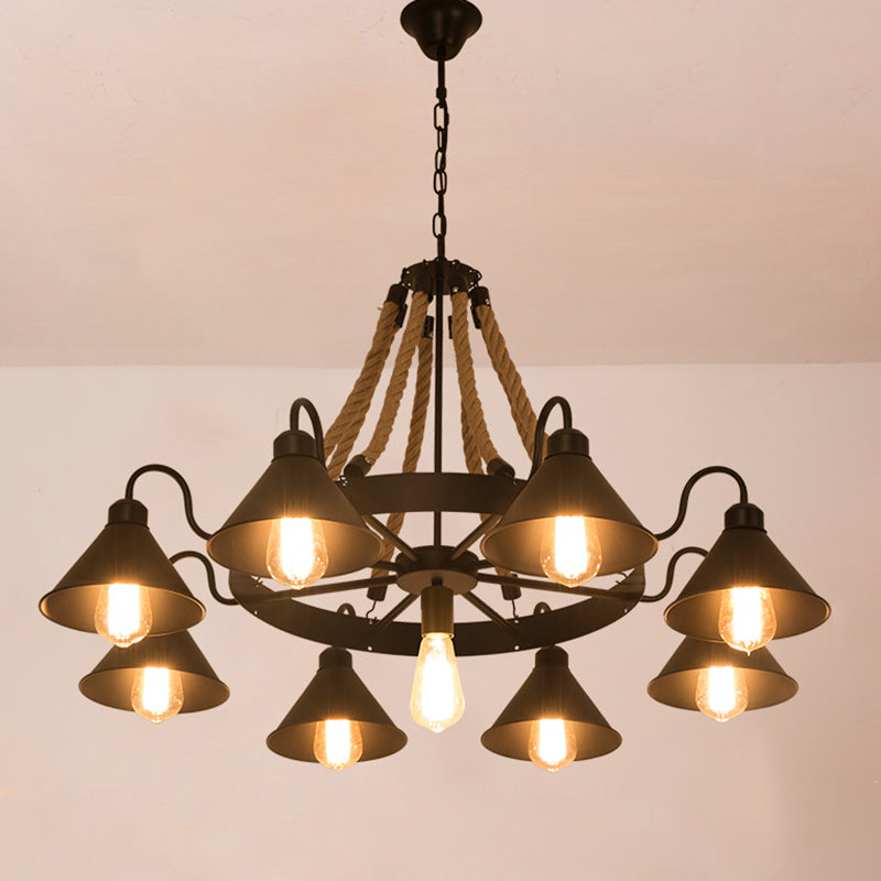 Black Conical Shade Chandelier Lighting Antique Style Iron Restaurant Pendant Light Fixture with Hemp Rope