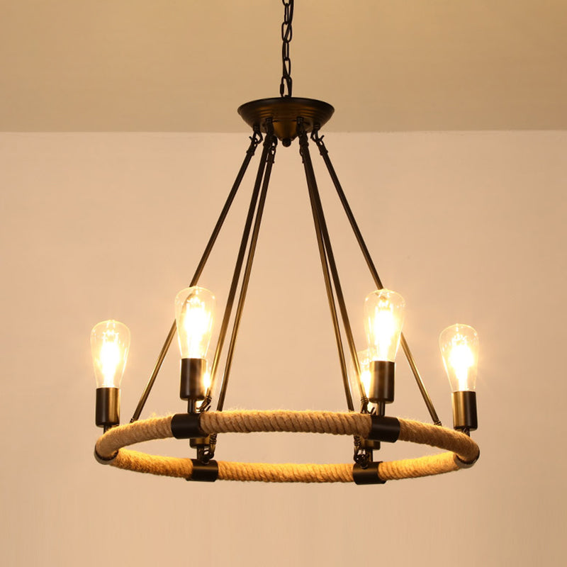 Black Dangling Suspension Light Rustic Style Hemp Rope Restaurant Chandelier Light