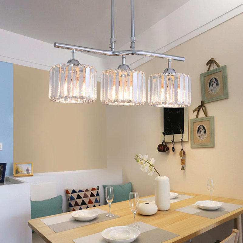 2/3 Bulbs Dining Room Island Pendant Modern Chrome Hanging Ceiling Light with Drum Crystal Shade