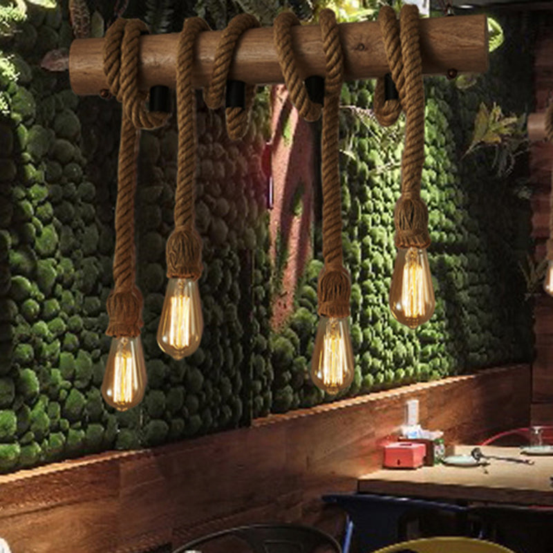 4 Heads Island Pendant Light Antique Exposed Bulb Hemp Rope Ceiling Lighting in Wood