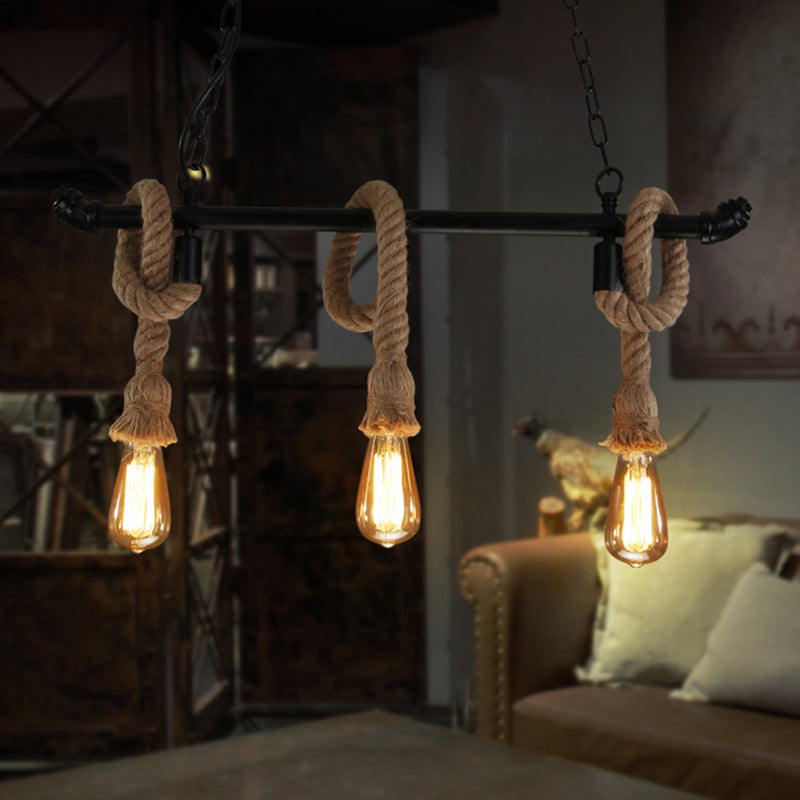 Water Pipe Metallic Hanging Lamp Rustic Style Restaurant Island Chandelier Light with Hemp Rope in Black