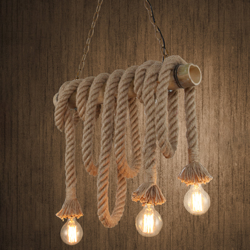 Industrial Dangling Pendant Light Hemp Rope Hanging Island Light with Bamboo Tube in Flaxen