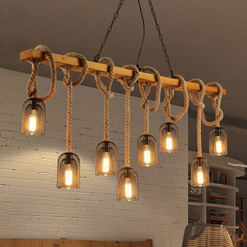 Metallic Elongated Dome Hanging Lamp Antique Restaurant Island Chandelier Light with Hemp Rope in Wood