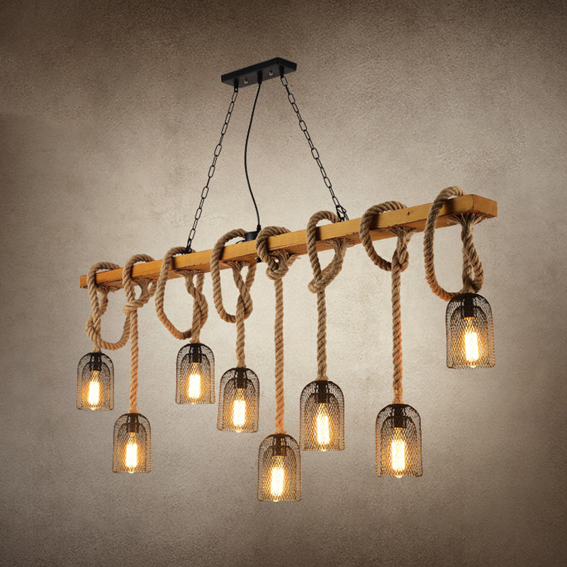 Metallic Elongated Dome Hanging Lamp Antique Restaurant Island Chandelier Light with Hemp Rope in Wood