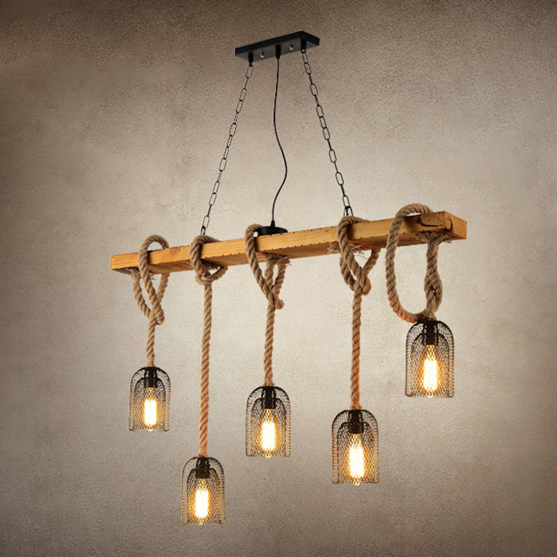 Metallic Elongated Dome Hanging Lamp Antique Restaurant Island Chandelier Light with Hemp Rope in Wood