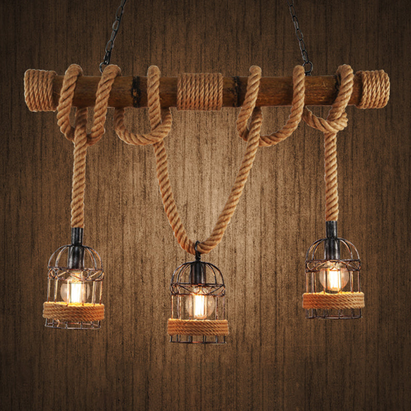 Flaxen 3 Bulbs Suspension Lighting Retro Metallic Birdcage Island Ceiling Light with Hemp Rope
