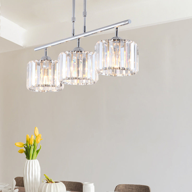 Chrome Drum Island Chandelier Light Contemporary Crystal 3/4 Bulbs Pendant Light Fixture for Bedroom