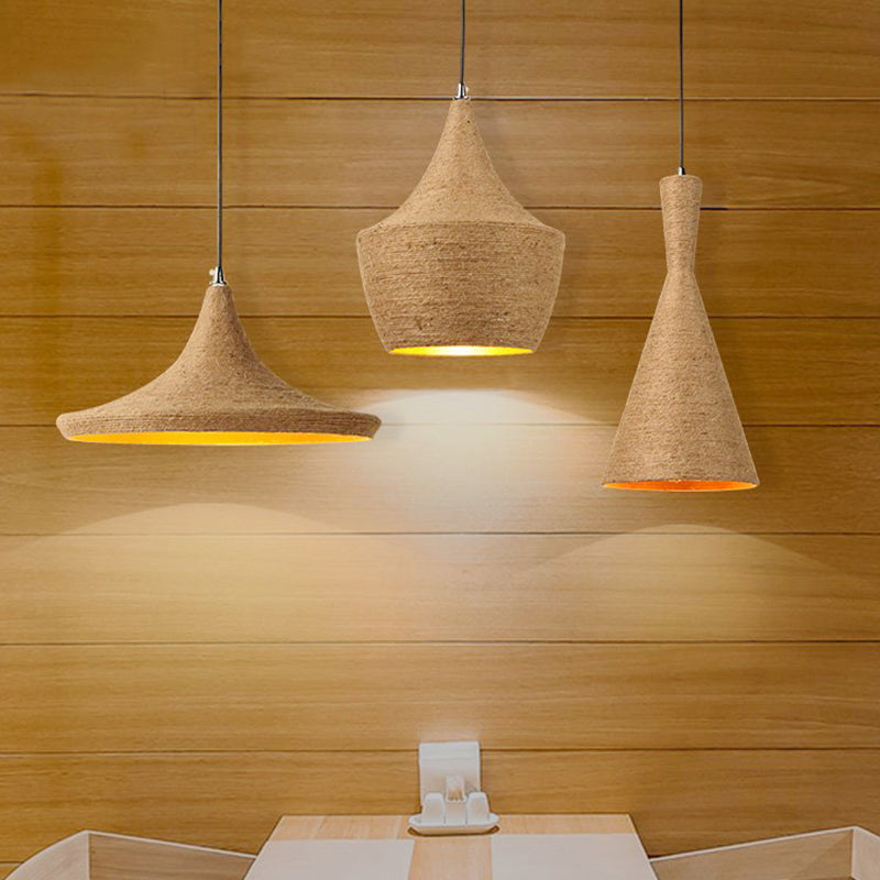 Geometrical Restaurant Suspension Lighting Retro Hemp Rope Single Brown Pendant Ceiling Light